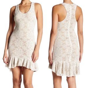 Dress The Population Wendy Crochet Overlay Drop Ruffle Hem Dress in Cream Nude S